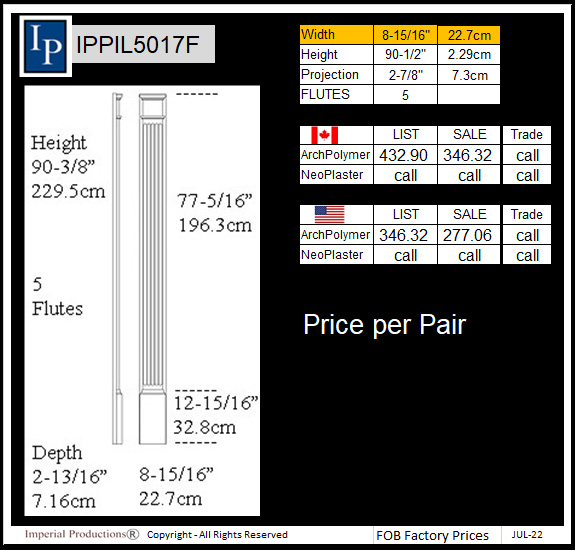 IPPIL5017F  5 fluted pilaster 90-3/8" x 8-15/16"