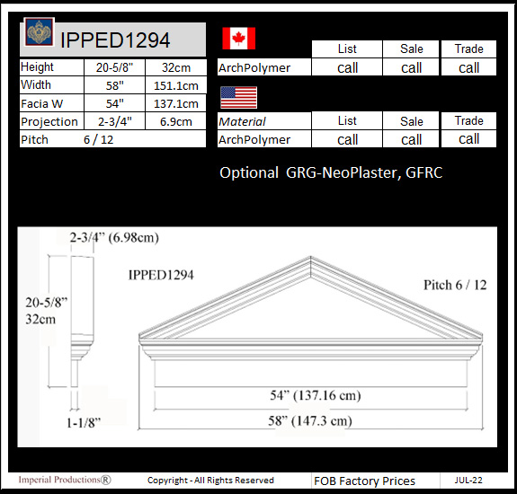 IPPED1294 peaked pediment for doors and windows 58" wide