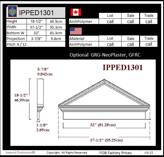 drawing and prices for IPPED1301 triangle pediment with heade