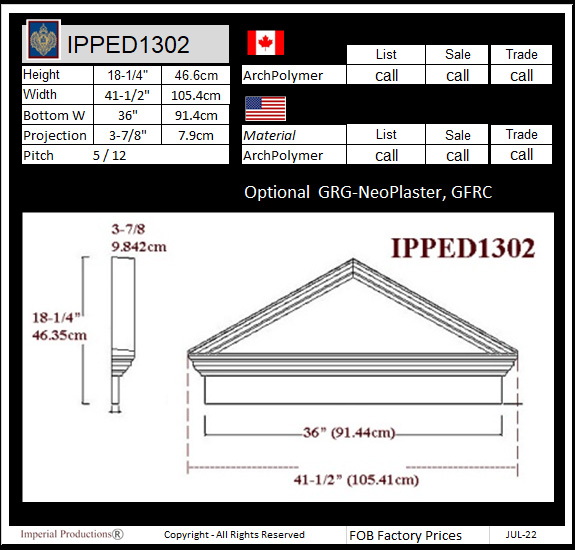 drawing and prices for IPPED1302 triangle pediment with heade