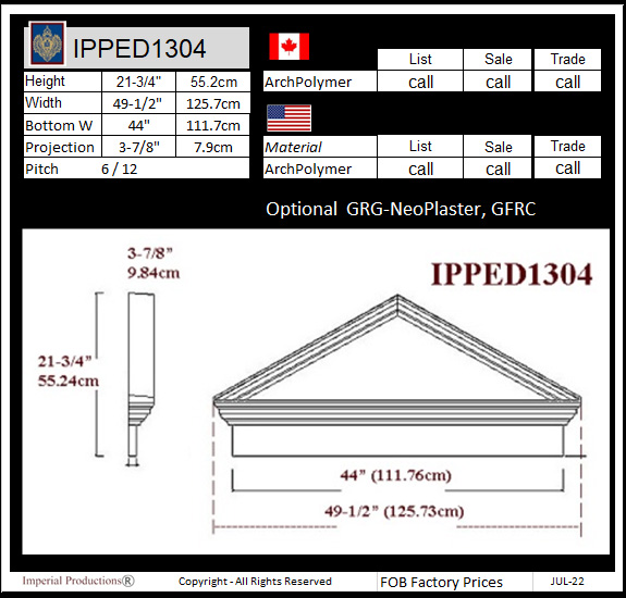 drawing and prices for IPPED1304 triangle pediment with heade