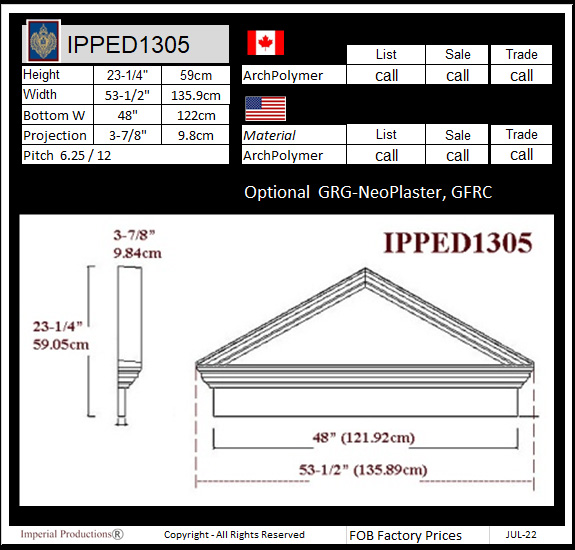 drawing and prices for IPPED1305 triangle pediment with heade