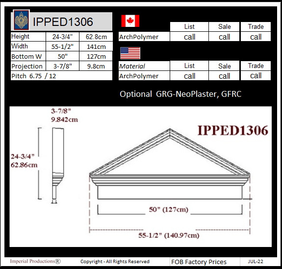 drawing and prices for IPPED1306 triangle pediment with heade