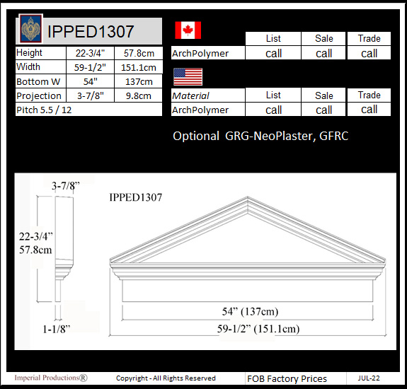 drawing and prices for IPPED1307 triangle pediment with heade