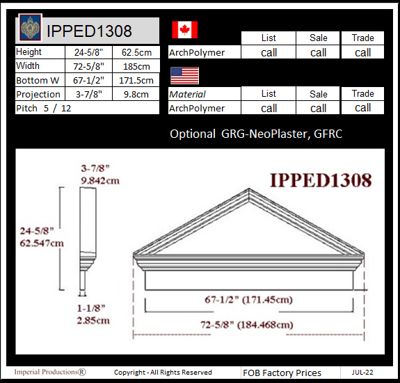 drawing and prices for IPPED1308 triangle pediment with heade
