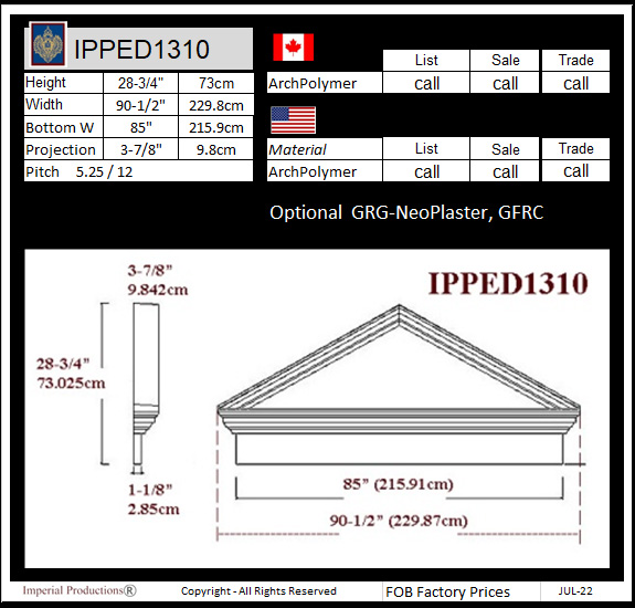 drawing and prices for IPPED1310 triangle pediment with header