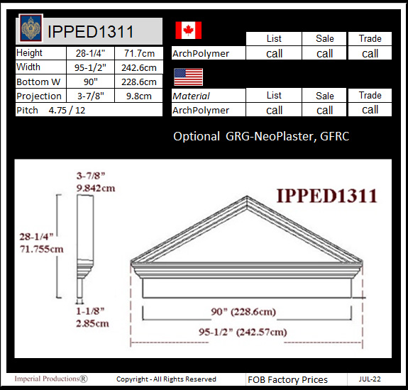 drawing and prices for IPPED1311 triangle pediment with header