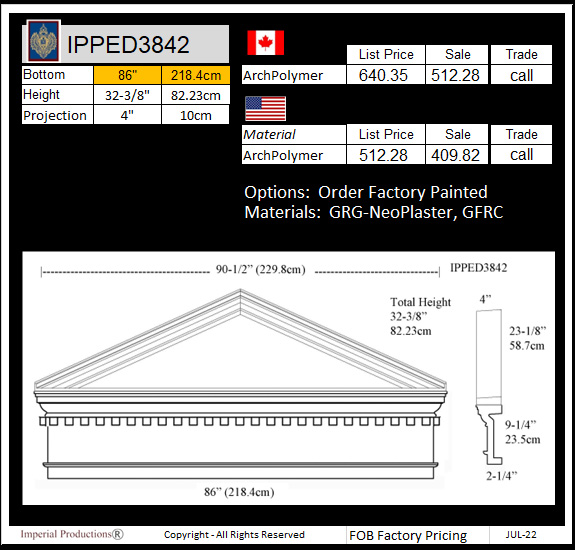 IPPED3842 peaked pediment with dentil and freize board bottom 86"